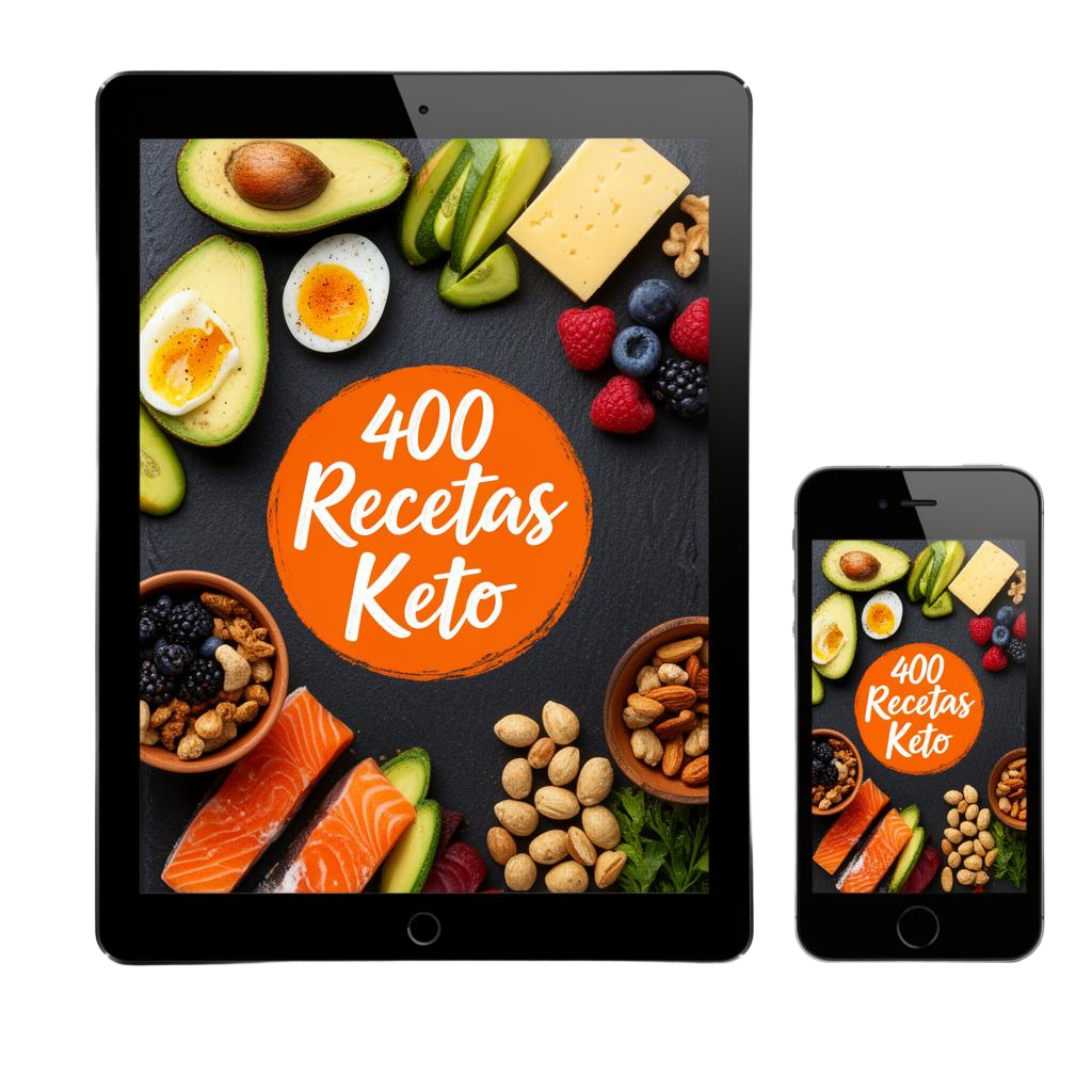400 Recetas Secretas Keto mostrado en tablet y celular